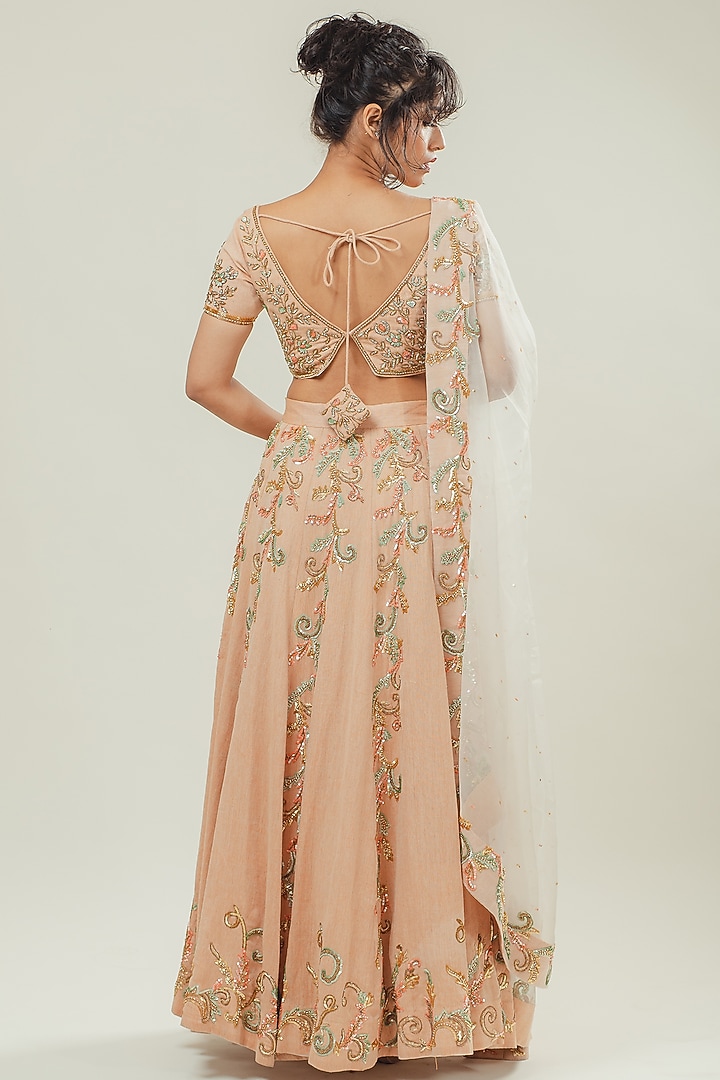 Peach Linen Embroidered Wedding Lehenga Set by Cockpit Crush at Pernia's Pop Up Shop