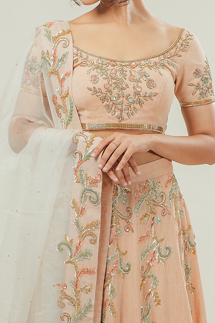 Peach Linen Embroidered Wedding Lehenga Set by Cockpit Crush at Pernia's Pop Up Shop