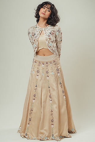 Beige Silk Hand Embroidered Lehenga Set by Cockpit Crush