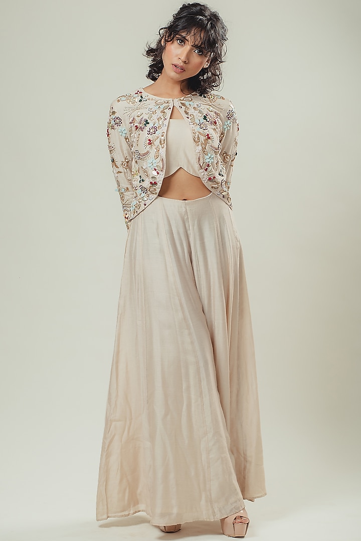 Beige Silk Embroidered Jumpsuit by Cockpit Crush