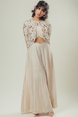 Beige Silk Embroidered Jumpsuit by Cockpit Crush