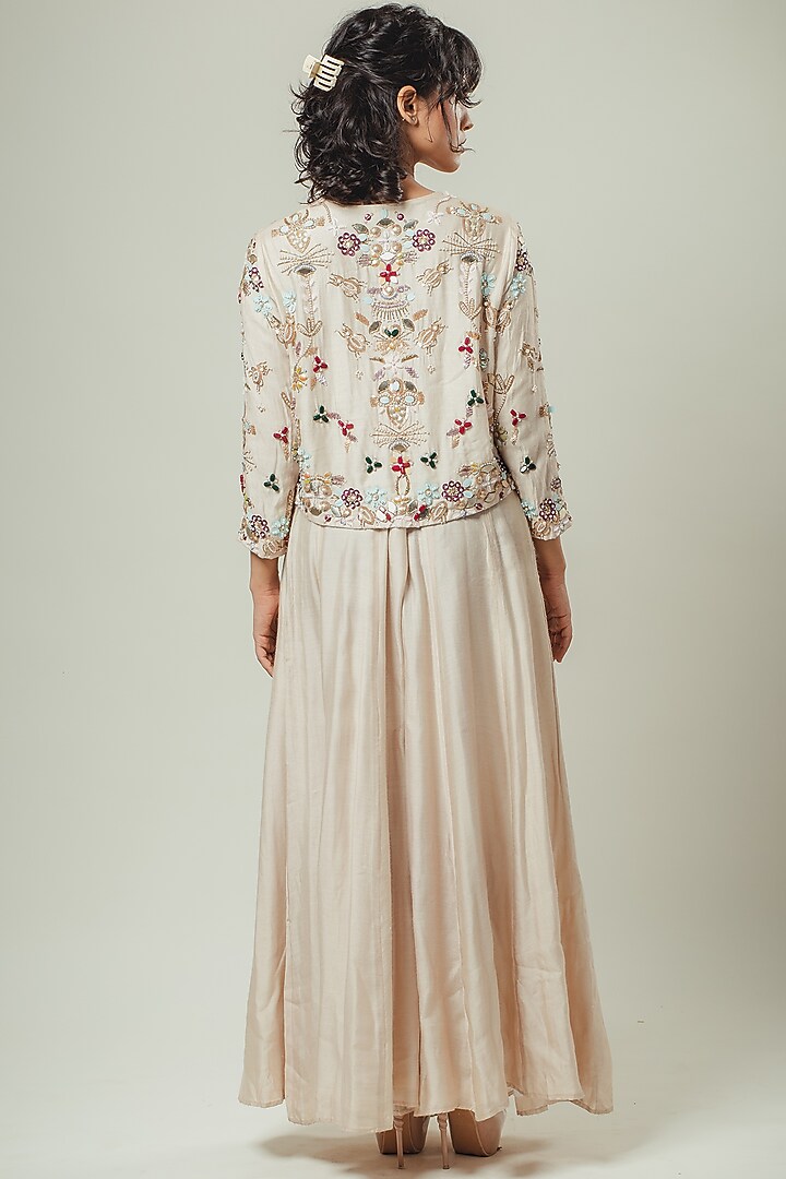 Beige Silk Embroidered Jumpsuit by Cockpit Crush at Pernia's Pop Up Shop