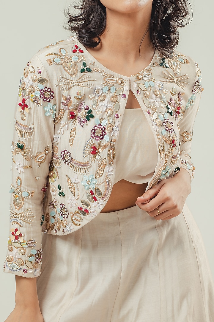 Beige Silk Embroidered Jumpsuit by Cockpit Crush at Pernia's Pop Up Shop