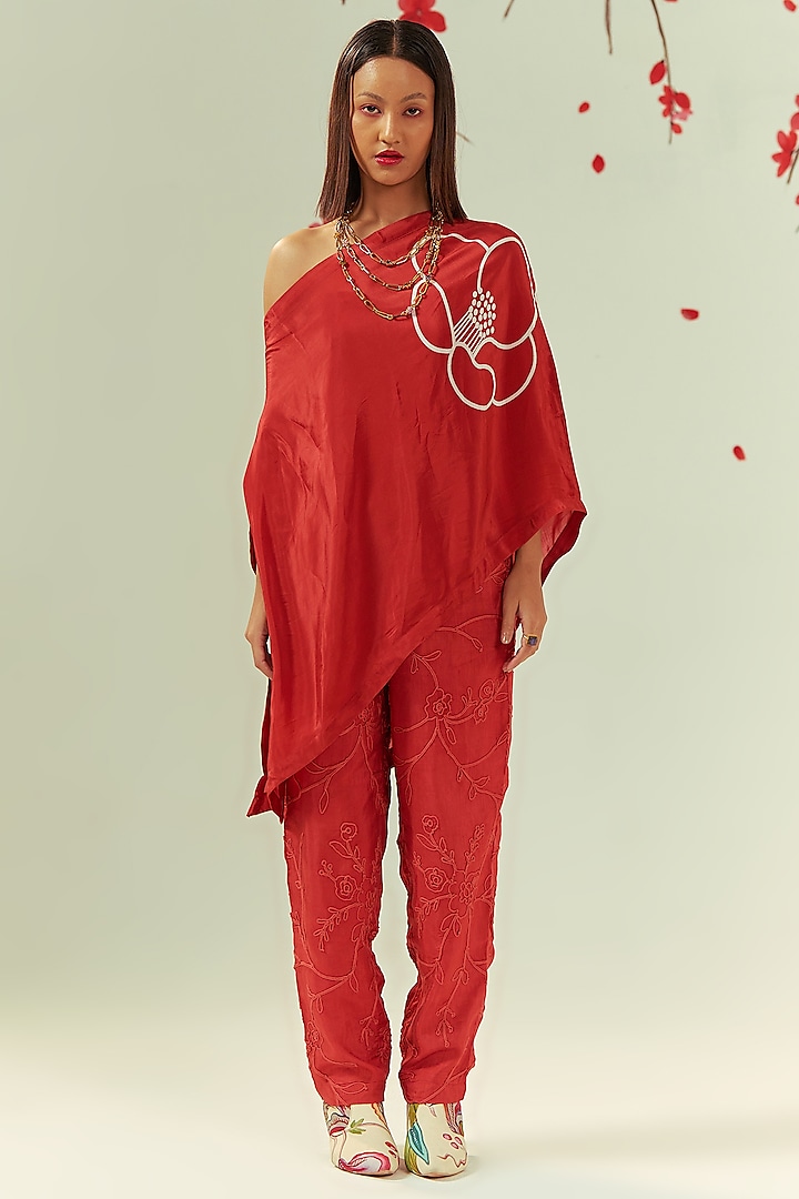 Red Viscose Floral Printed & Cord Embroidered Off-Shoulder Kaftan Set by COEUR