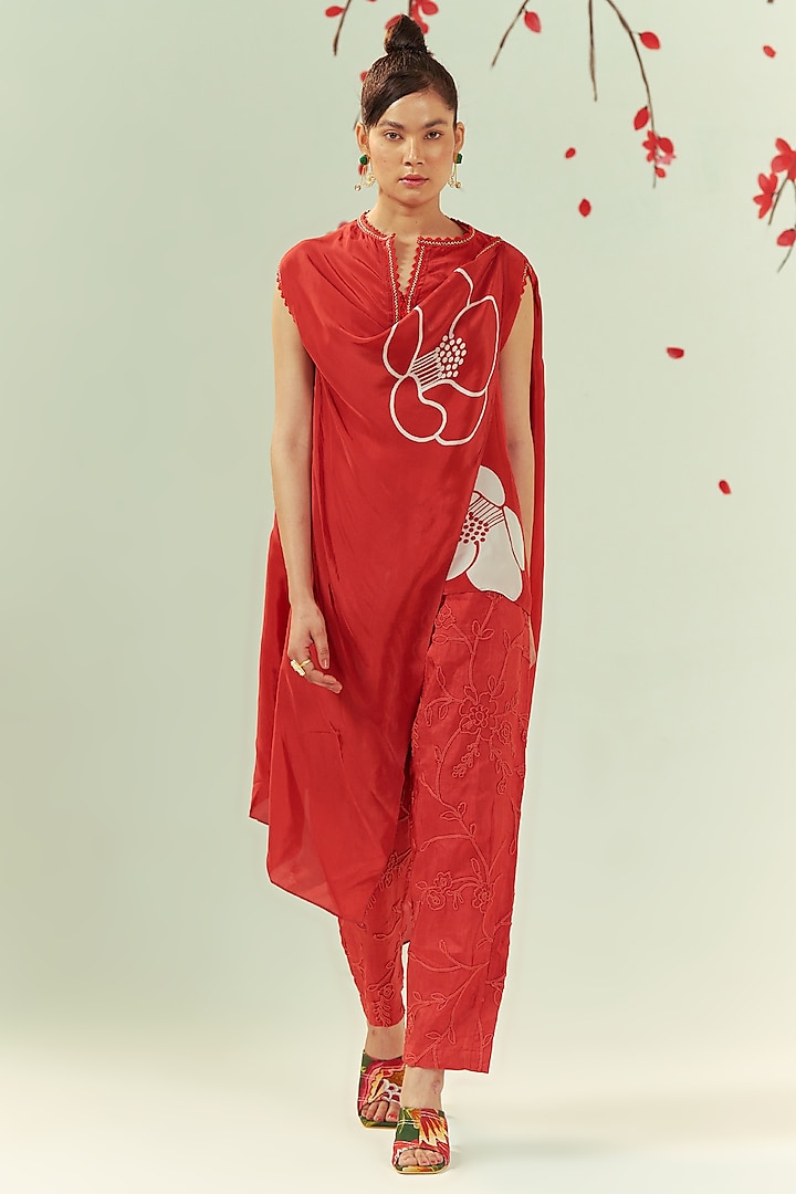 Red Viscose Cord Embroidered Co-Ord Set by COEUR