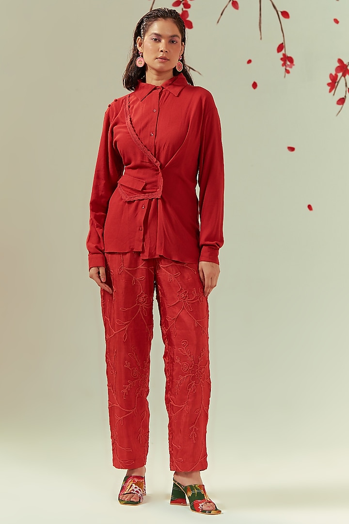 Red Double Georgette Cord Embroidered Co-Ord Set by COEUR
