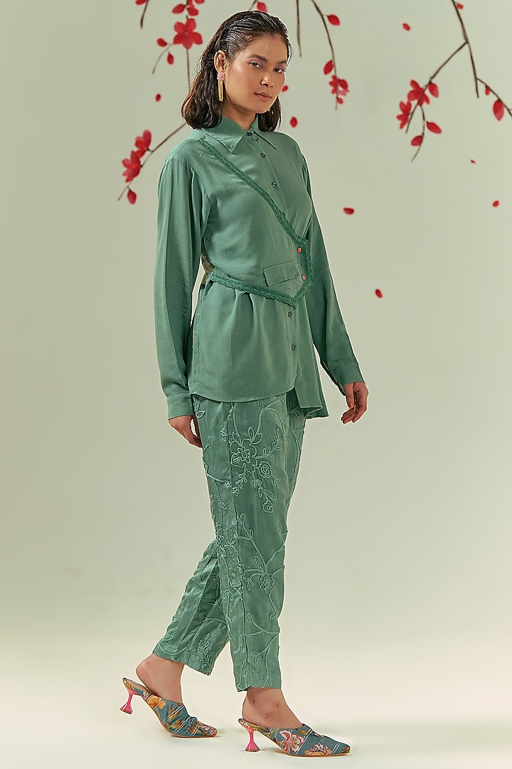 Green Double Georgette Cord Embroidered Co-Ord Set by COEUR