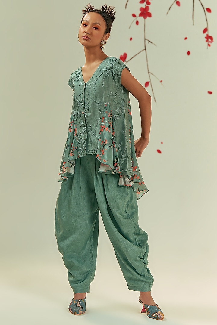 Green Silk Cord Embroidered Co-Ord Set by COEUR