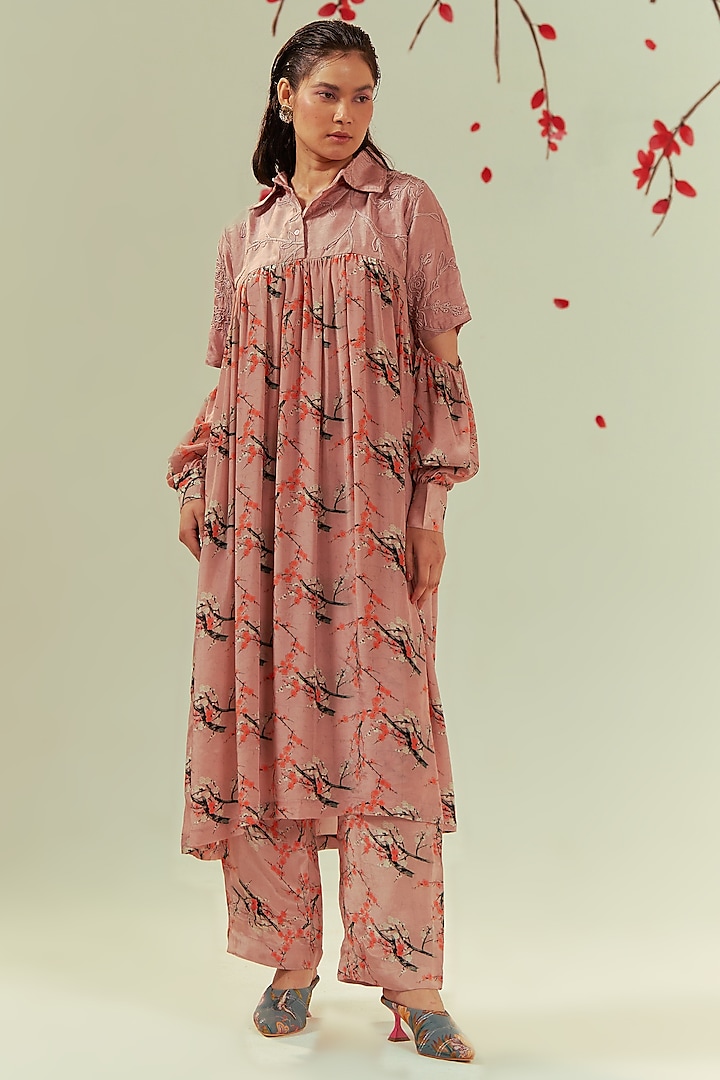 Peach Silk Embroidered Tunic Set by COEUR