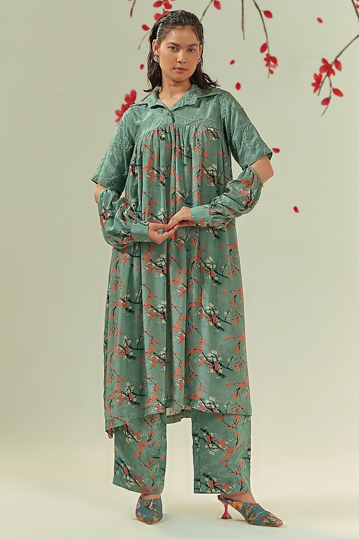 Green Silk Embroidered Tunic Set by COEUR