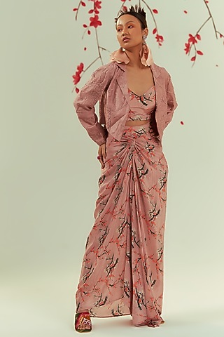 Peach Viscose Printed Draped Skirt Set by COEUR