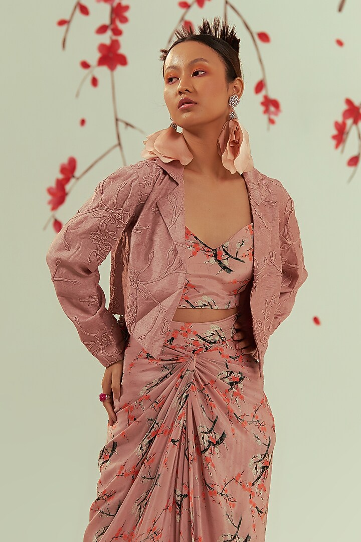 Peach Viscose Printed Draped Skirt Set by COEUR at Pernia's Pop Up Shop