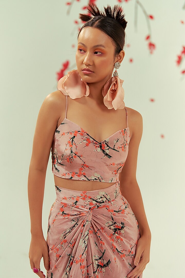 Peach Viscose Printed Draped Skirt Set by COEUR at Pernia's Pop Up Shop