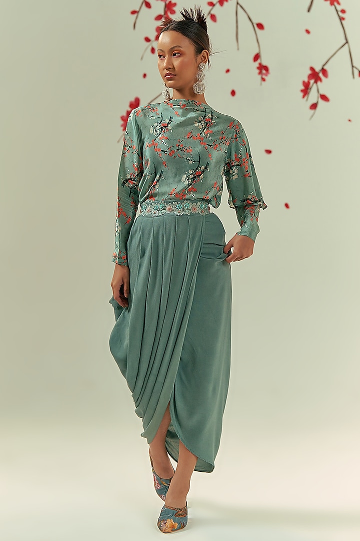 Green Georgette Hand Embroidered Draped Skirt Set by COEUR