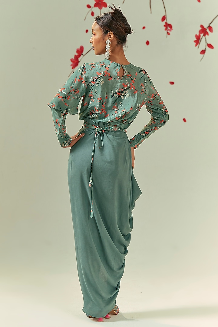 Green Georgette Hand Embroidered Draped Skirt Set by COEUR at Pernia's Pop Up Shop