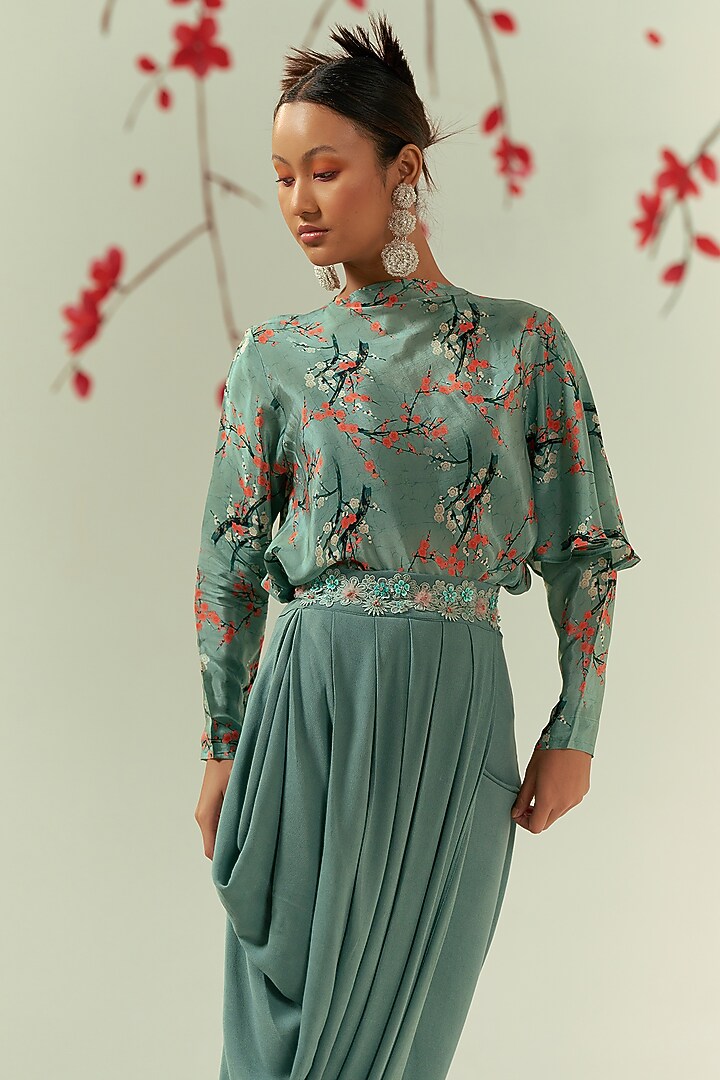 Green Georgette Hand Embroidered Draped Skirt Set by COEUR at Pernia's Pop Up Shop