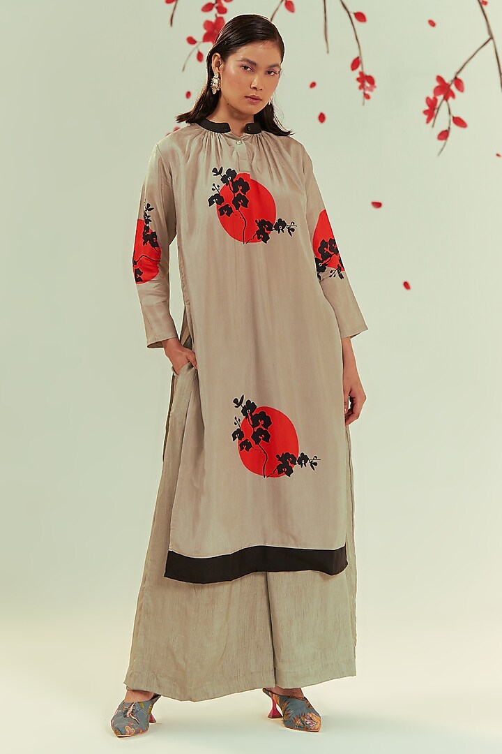 Light Olive Viscose Printed Tunic Set by COEUR