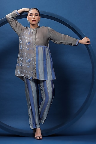 Blue & Grey Organza Satin Co-Ord Set by COEUR