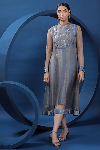 Blue & Grey Pure Organza Silk Midi Dress by COEUR