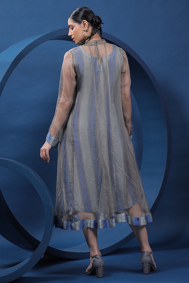 Blue & Grey Pure Organza Silk Midi Summer Dress by COEUR at Pernia's Pop Up Shop