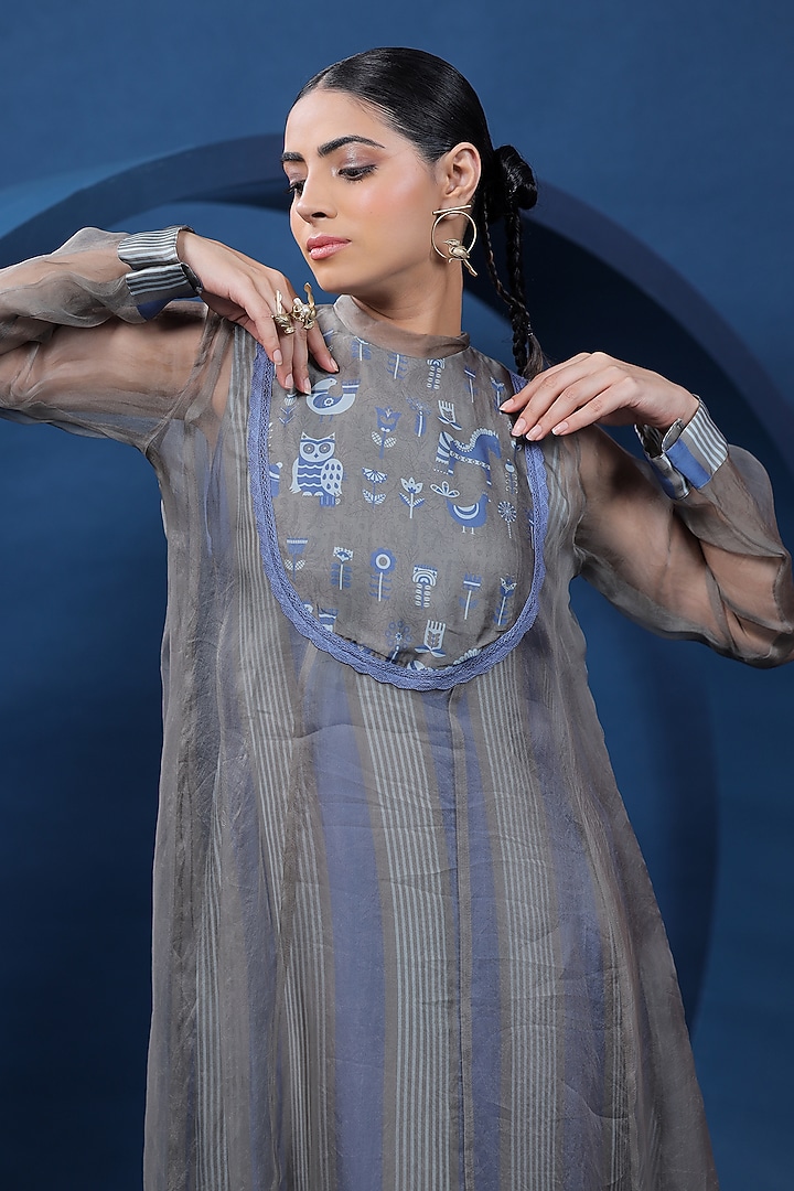 Blue & Grey Pure Organza Silk Midi Summer Dress by COEUR at Pernia's Pop Up Shop