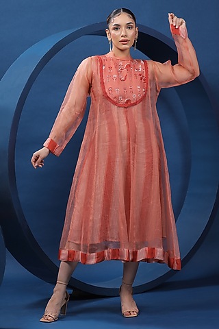 Rust Pure Organza Silk Midi Dress by COEUR