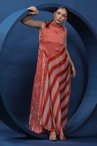 Rust Organza Satin Asymmetric Maxi Dress by COEUR