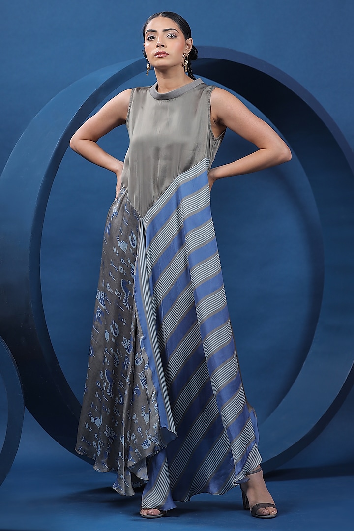 Blue & Grey Organza Satin Asymmetric Maxi Dress by COEUR at Pernia's Pop Up Shop