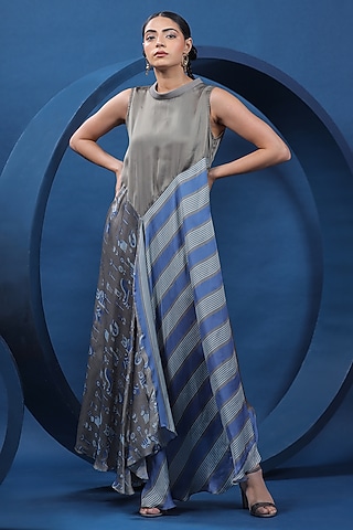 Blue & Grey Organza Satin Asymmetric Maxi Dress by COEUR