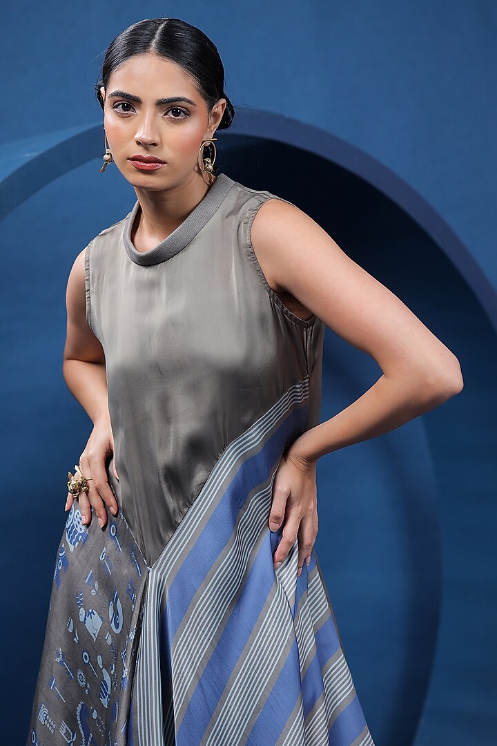 Blue & Grey Organza Satin Asymmetric Maxi Summer Dress by COEUR at Pernia's Pop Up Shop
