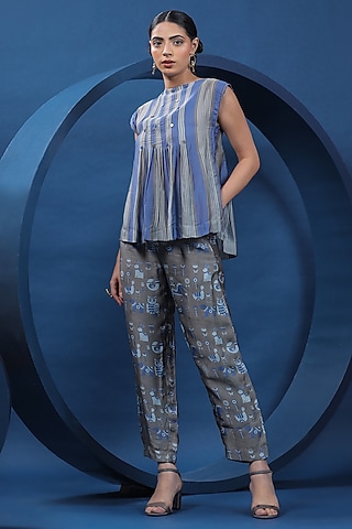 Blue & Grey Organza Satin Co-Ord Set by COEUR
