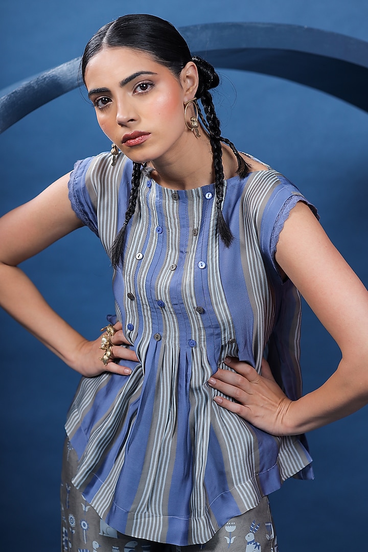 Blue & Grey Organza Satin Co-Ord Set by COEUR at Pernia's Pop Up Shop