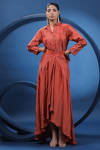 Rust Pure Natural Crepe Flared Asymmetric Skirt Set by COEUR
