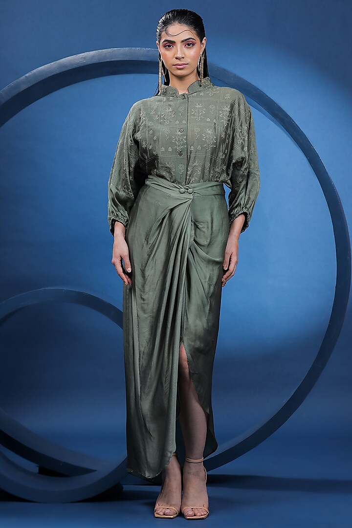 Green Organza Satin Draped Skirt Set by COEUR at Pernia's Pop Up Shop