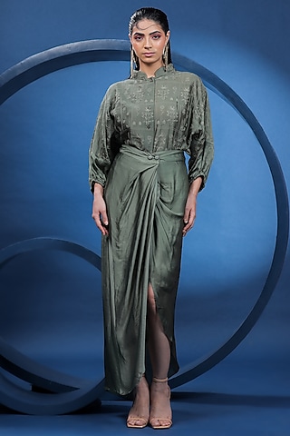 Green Organza Satin Draped Skirt Set by COEUR