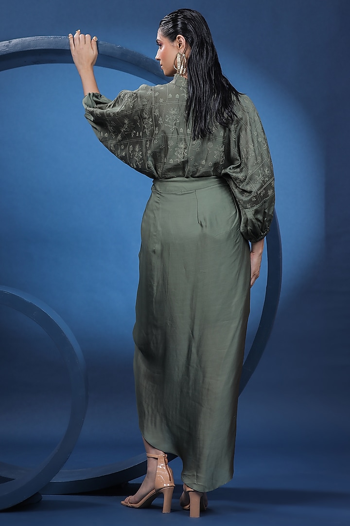 Green Organza Satin Draped Skirt Set by COEUR at Pernia's Pop Up Shop
