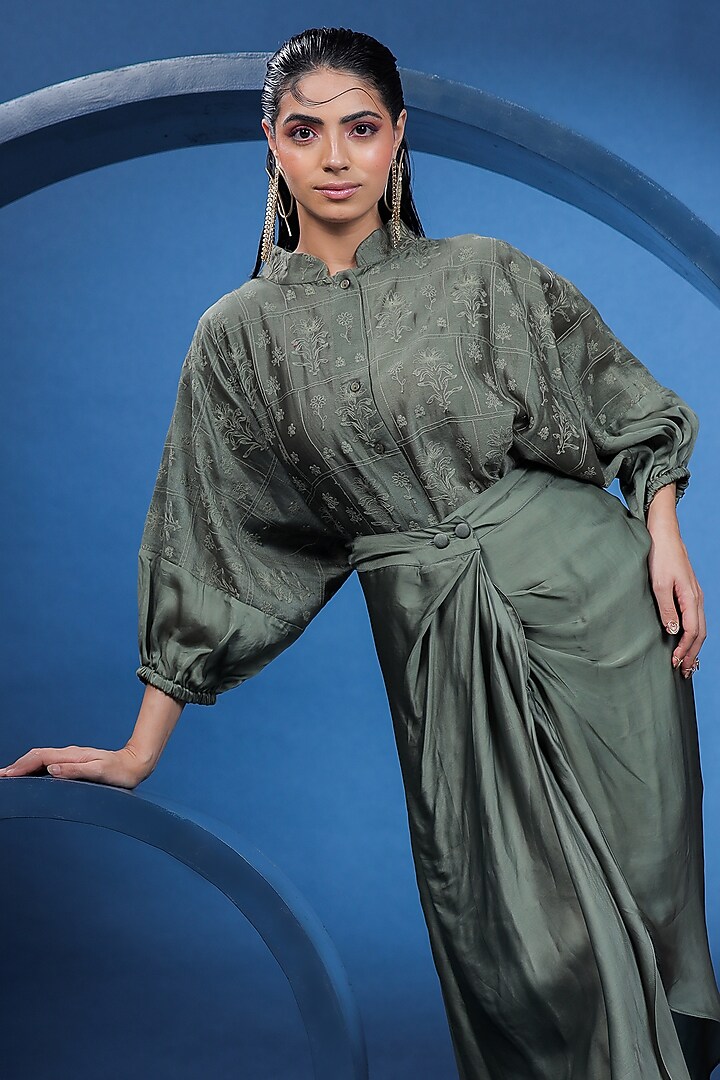 Green Organza Satin Draped Skirt Set by COEUR at Pernia's Pop Up Shop