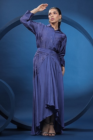 Purple Pure Natural Crepe Flared Asymmetric Skirt Set by COEUR