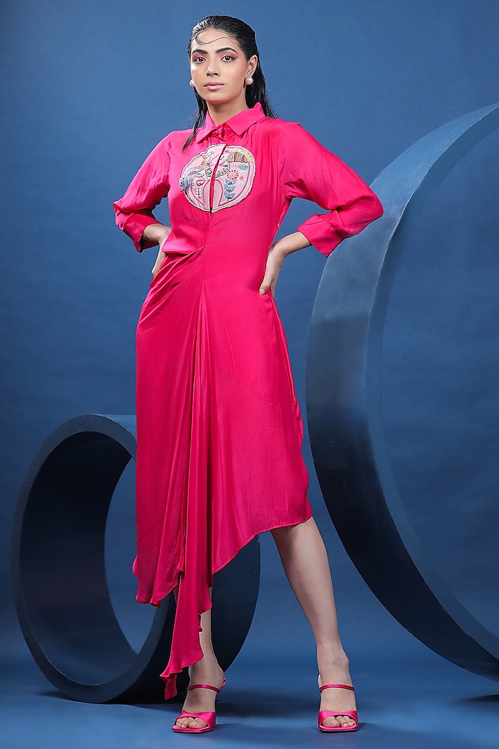 Fuchsia Pure Natural Crepe Draped Shirt Dress by COEUR at Pernia's Pop Up Shop