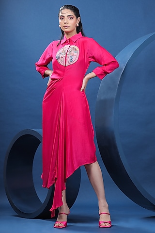 Fuchsia Pure Natural Crepe Draped Shirt Dress by COEUR