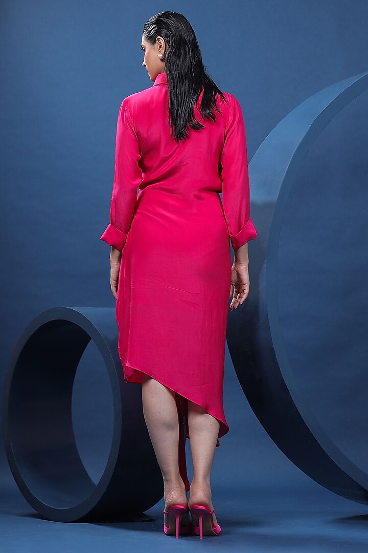 Fuchsia Pure Natural Crepe Draped Summer Shirt Dress by COEUR at Pernia's Pop Up Shop