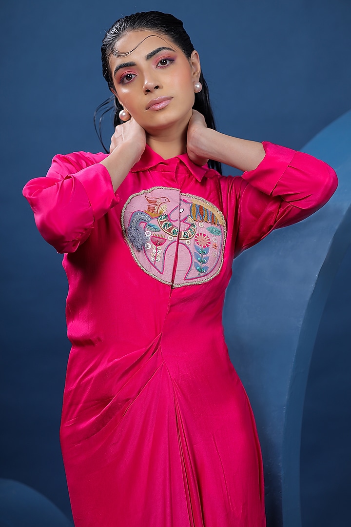 Fuchsia Pure Natural Crepe Draped Summer Shirt Dress by COEUR at Pernia's Pop Up Shop