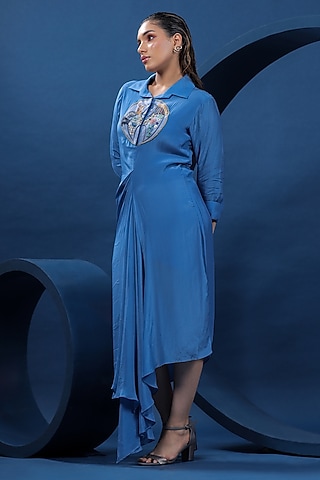 Blue Pure Natural Crepe Draped Shirt Dress by COEUR
