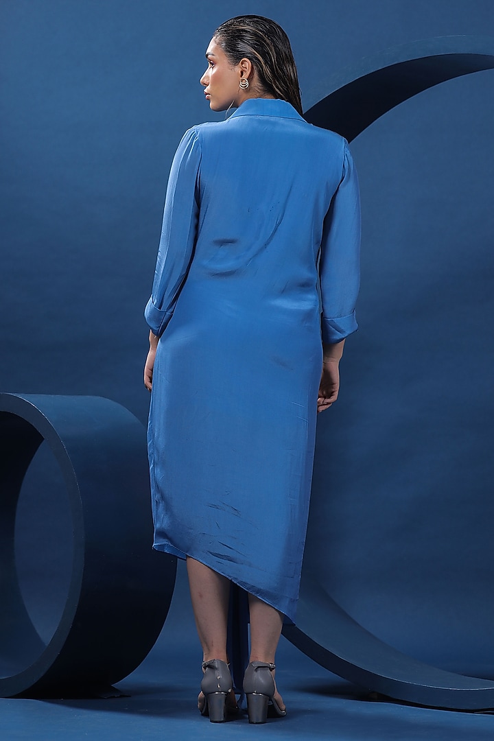 Blue Pure Natural Crepe Draped Summer Shirt Dress by COEUR at Pernia's Pop Up Shop