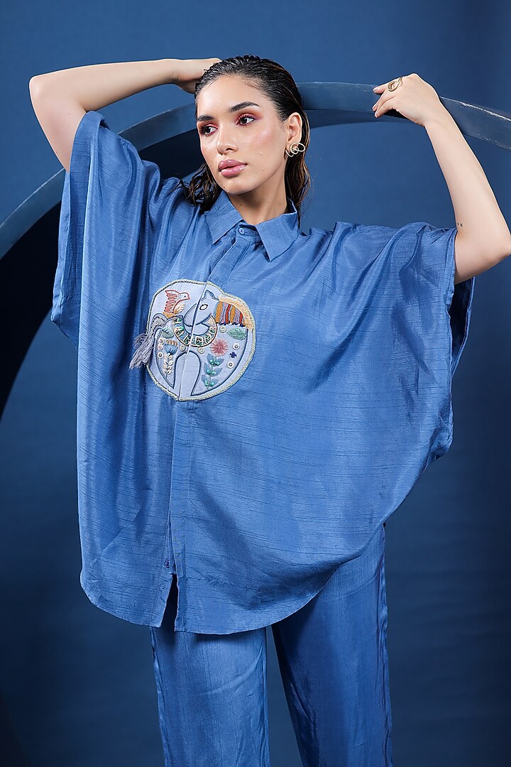 Blue Pure Raw Silk Co-Ord Set by COEUR at Pernia's Pop Up Shop