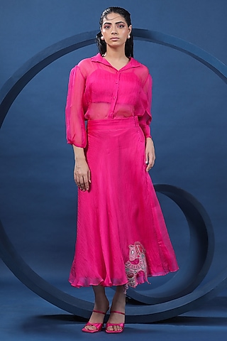 Fuchsia Silk Organza Skirt Set by COEUR
