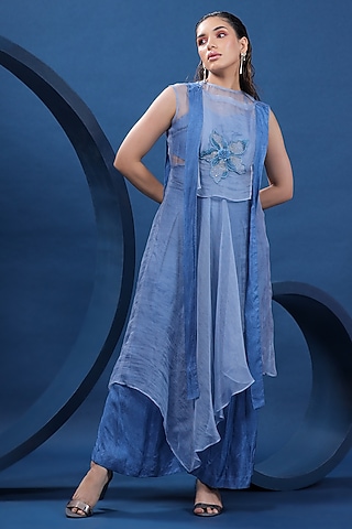 Blue Sheer Organza Tunic Set by COEUR