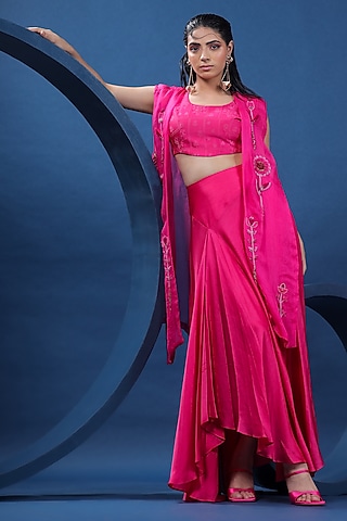 Fuchsia Organza Satin Skirt Set by COEUR