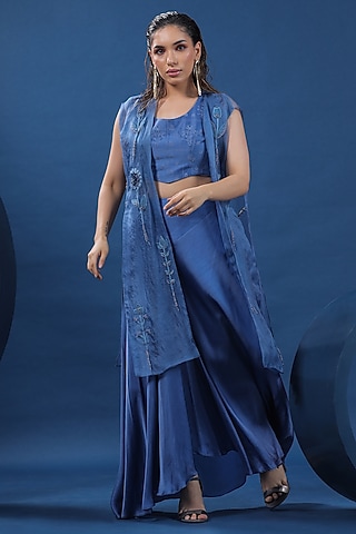 Blue Organza Satin Skirt Set by COEUR