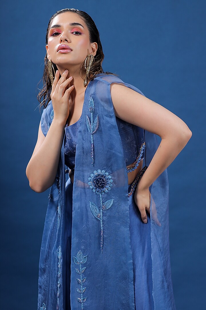 Blue Organza Satin Skirt Set by COEUR at Pernia's Pop Up Shop
